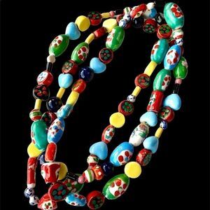 52” Ruby Z hand painted ceramic bead necklace -multi colors and shapes unsigned
